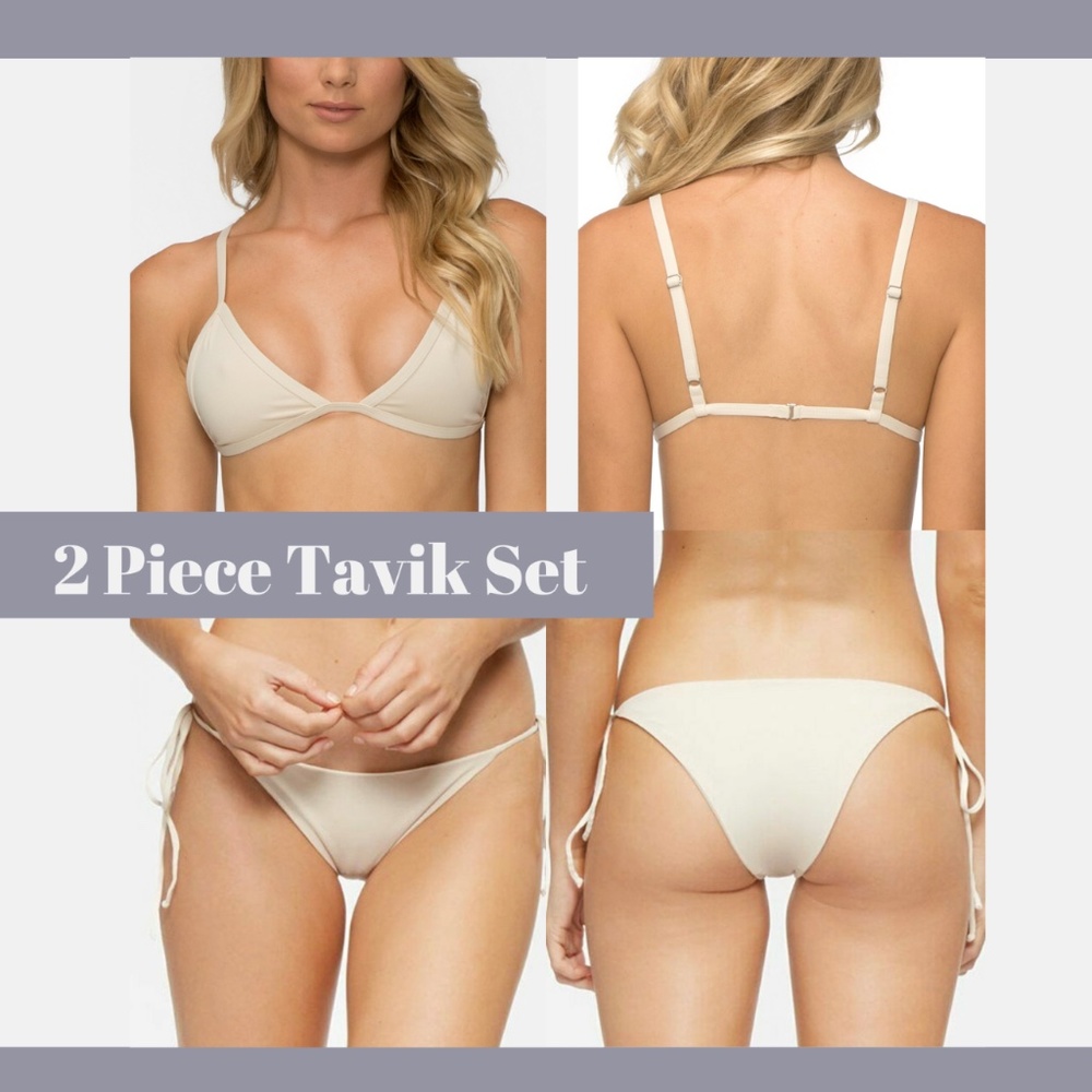 NEW Tavik [ Medium ] Jett Triangle Bikini‎ Top + Jax Side Tie Bottom Tapioca